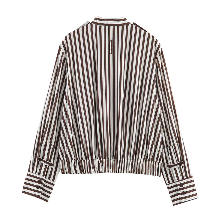 Damen Gestreifte Cropped‑Hemdblusen‑Jacke mit Stehkragen, asymmetrischer Klappentasche und elastischem Saum Drune