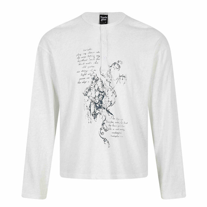 Unisex Langärmeliges Henley-Shirt mit knöpfbarer Brustleiste und Vintage-Illustrationsprint Drune