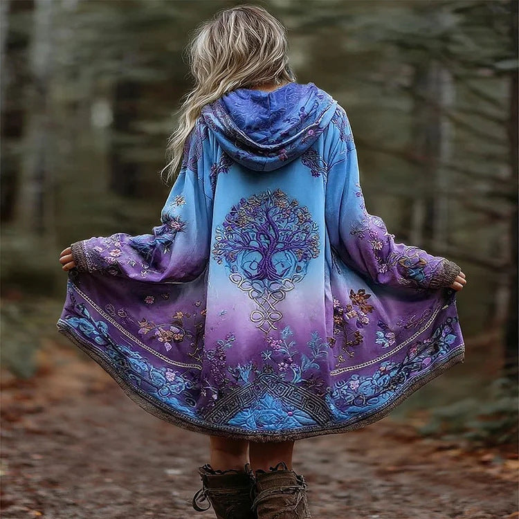 Damen Boho Kapuzenmantel im Schwung-Schnitt mit Baum-Motiv und Farbverlauf Drune