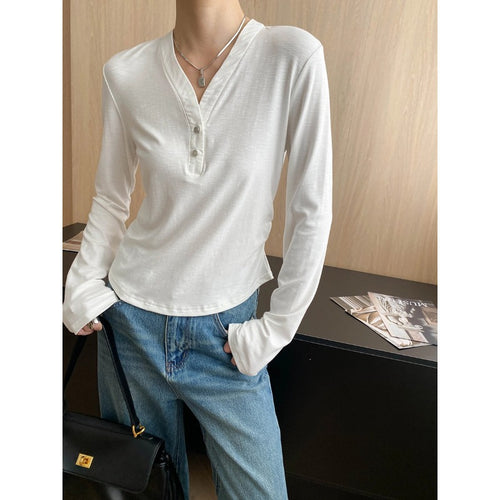 Damen Langarm-Henley-Shirt mit Knopfleiste und lockerem Schnitt Drune