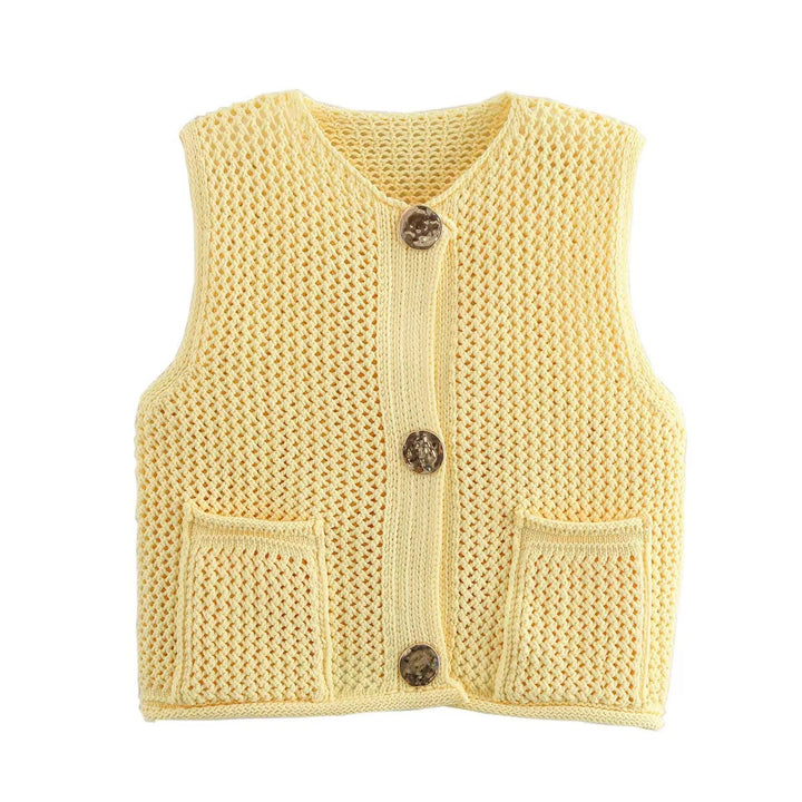 Damen gehäkelte Strickweste mit großen Zierknöpfen und Aufsatztaschen Drune