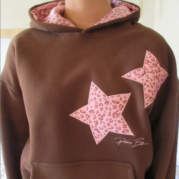 Damen nan Oversize-Kapuzenpullover mit Stern-Applikationen und gefütterter Kapuze Drune