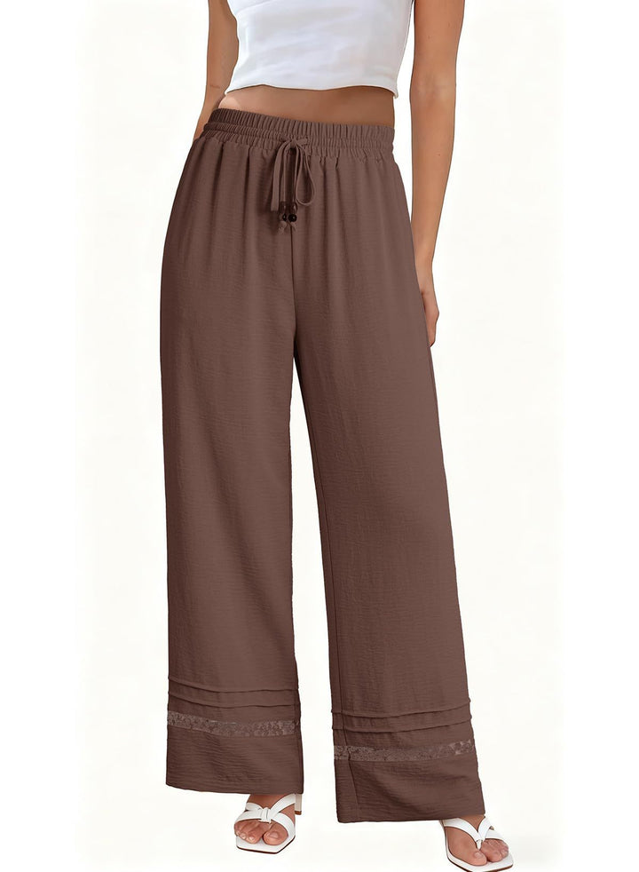 Damen Weite Leinenoptik-Hose mit hohem Gummibund, Bindekordel und Spitzeneinsatz Drune