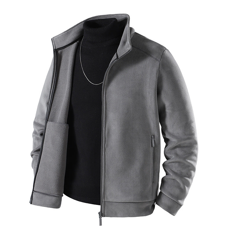 Herren Schlichte Velours-Optik Übergangsjacke mit hochschließendem Stehkragen, verdecktem Zwei-Wege-Reißverschluss & Zip-Taschen Drune