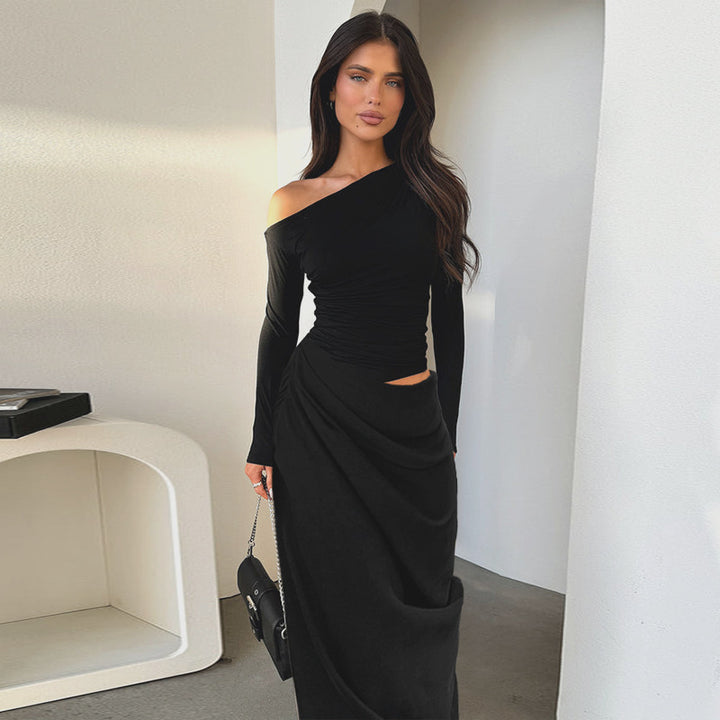 Damen elegantes Wickelkleid mit asymmetrischem Schnitt und langen Ärmeln Drune
