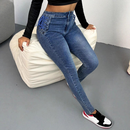 Damen High-Waist Slim-Jeans mit seitlicher Korsett-Schnürung und sculptendem Stretchbund Drune