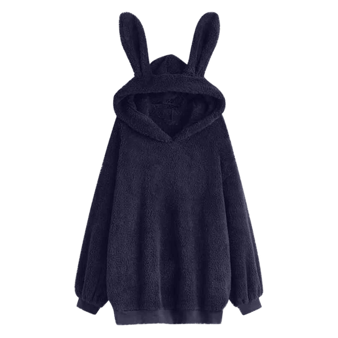Damen nan flauschiger Oversize-Kapuzenpullover mit langen Hasenohren und gerippten Bündchen Drune