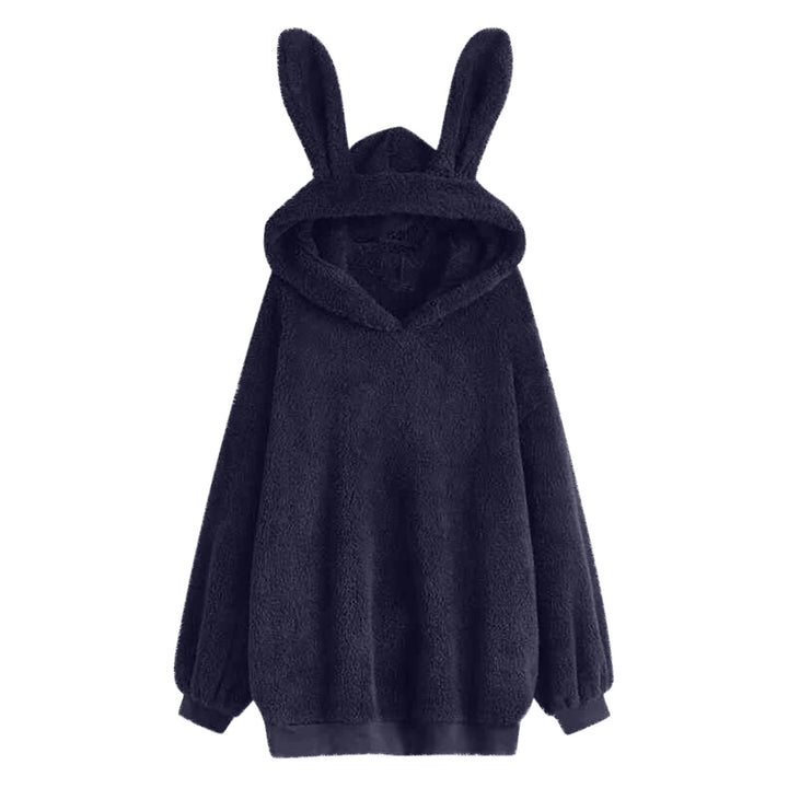 Damen nan flauschiger Oversize-Kapuzenpullover mit langen Hasenohren und gerippten Bündchen Drune
