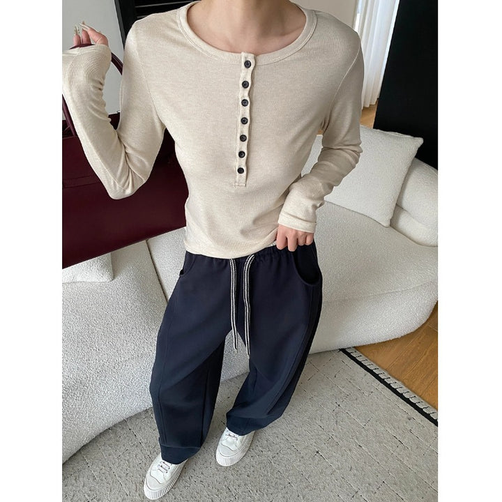 Damen Langarm-Henley-Shirt mit modischer Knopfleiste und bequemen Schnitt Drune