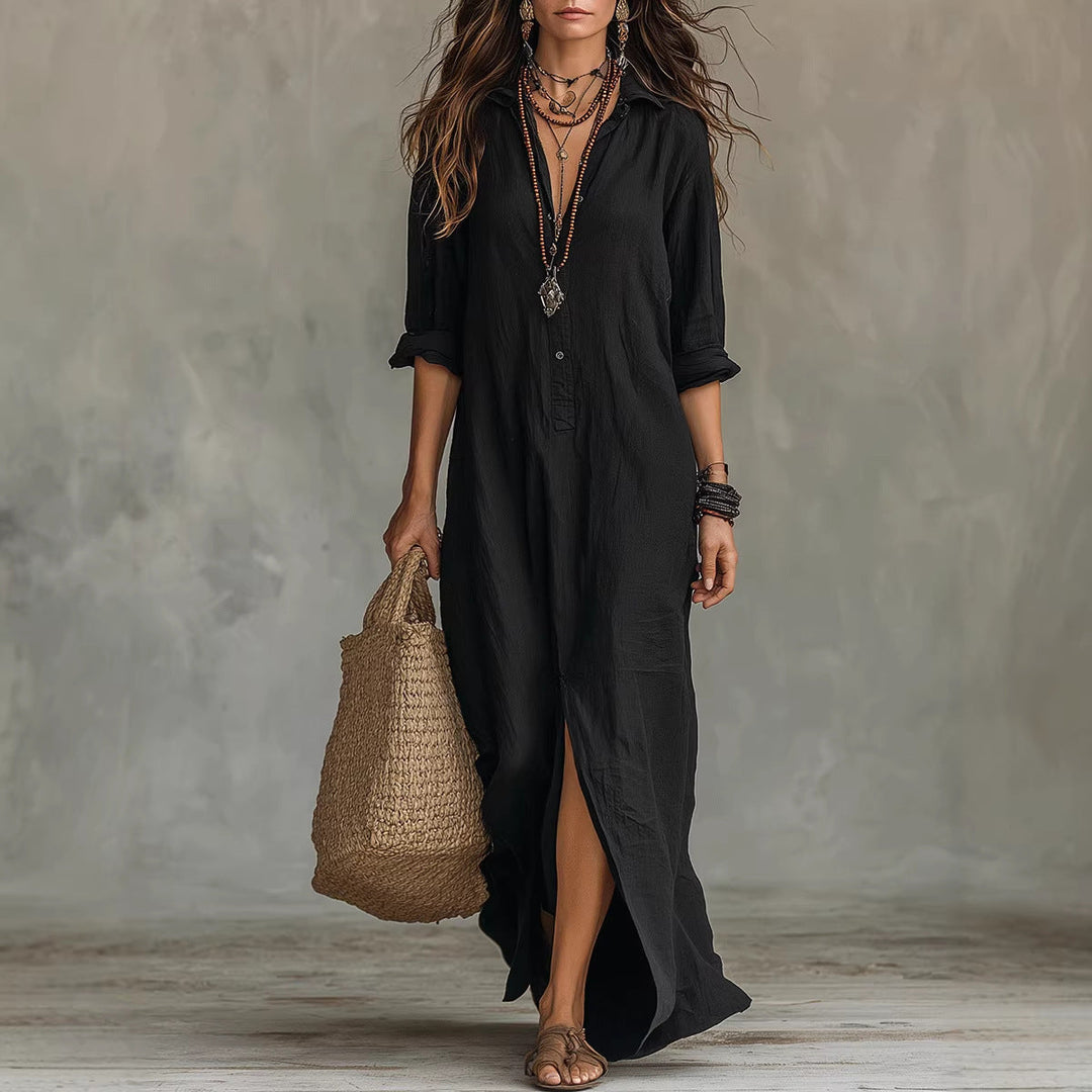 Damen Langes Hemdkleid mit Knopfverschluss und seitlichem Schlitz Drune