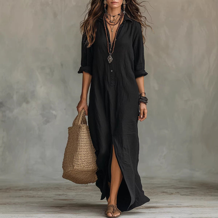 Damen Langes Hemdkleid mit Knopfverschluss und seitlichem Schlitz Drune