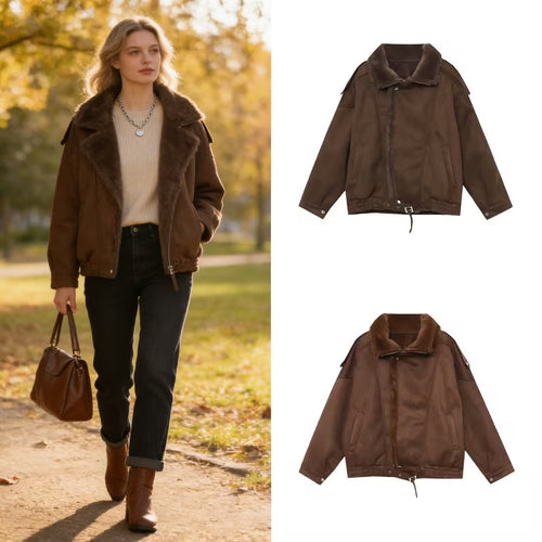Damen Oversized Aviator-Jacke mit Teddyfutter, Stehkragen und Taillenriegel Drune