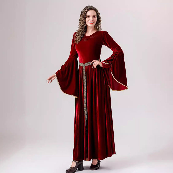 Damen elegantes Samtkleid mit Weitem Ärmel und Ziergürtel Drune