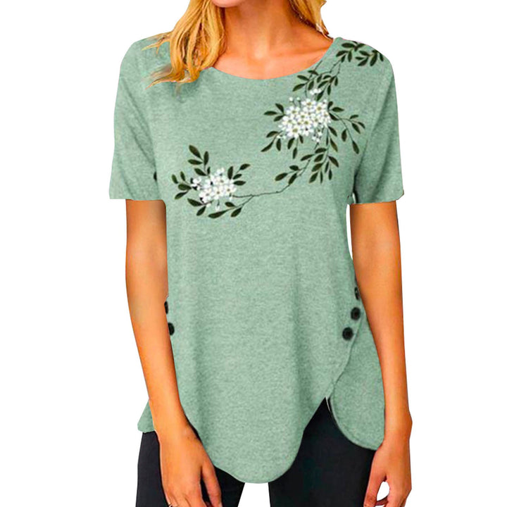 Damen lässiges T-Shirt mit dekorativem Floraldesign und asymmetrischem Saum Drune