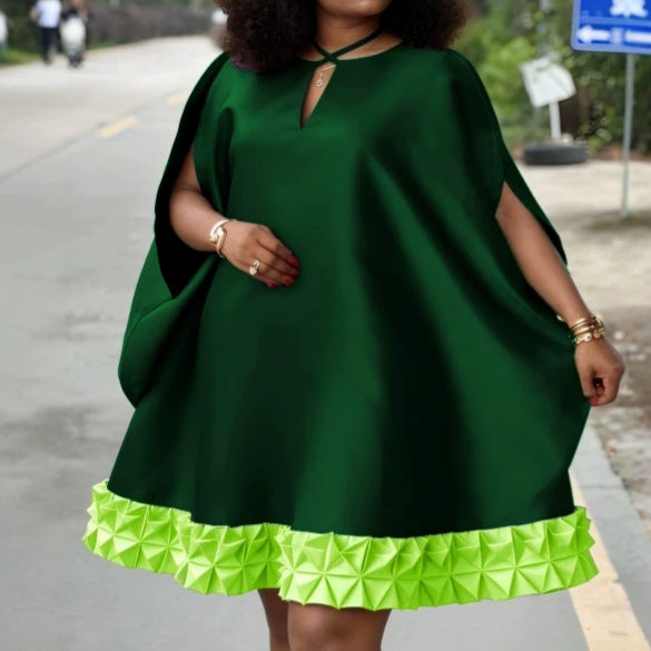 Damen elegantes kurzärmeliges Kleid mit voluminösem Rüschenunterrand Drune