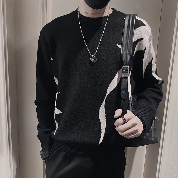 Herren Strickpullover mit abstraktem Flammen‑Jacquard und Rundhalsausschnitt Drune