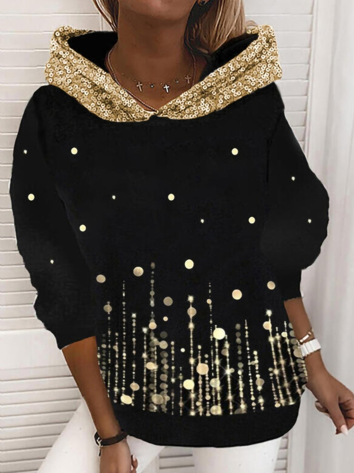 Damen Halloween Kapuzenpullover mit Kürbis- und Katzenprint, Paillettenbesatz und Oversize-Schnitt Drune