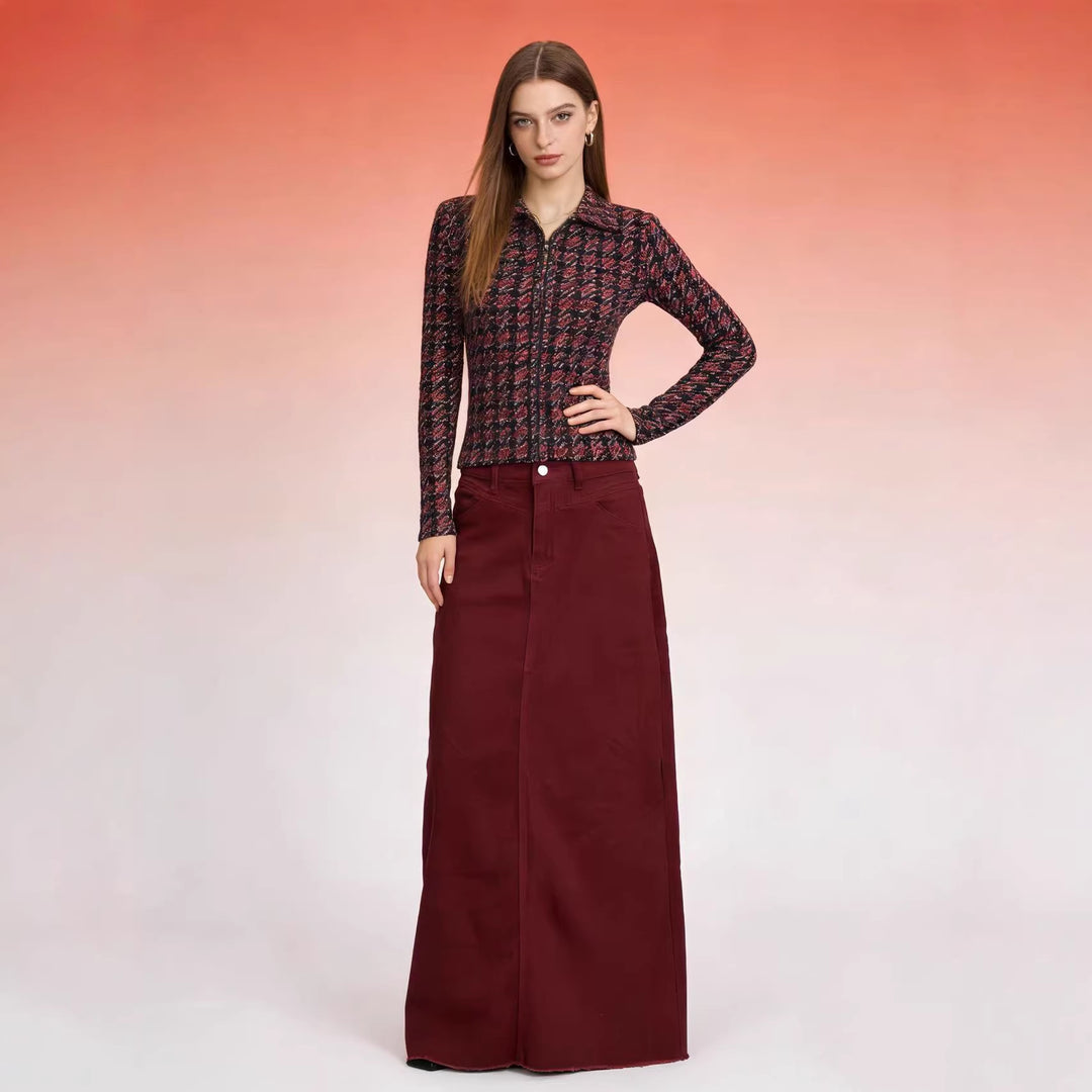 Damen nan langer High-Waist Denim-Maxirock mit gerader Silhouette und rohem Saum Drune