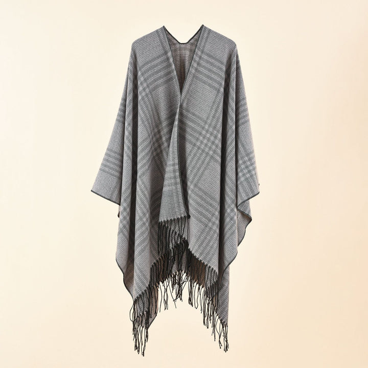 Damen Ruana-Poncho mit V‑Ausschnitt, kastigem Kimono-Fall und Fransensaum Drune
