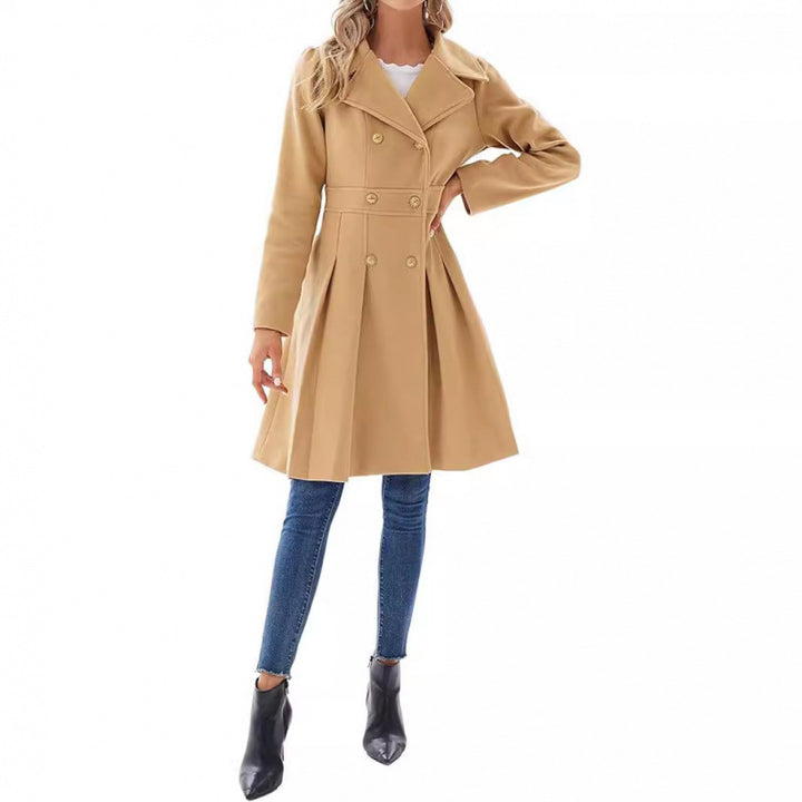 Damen taillierter Trenchcoat mit doppelter Knopfreihe und Falten Drune