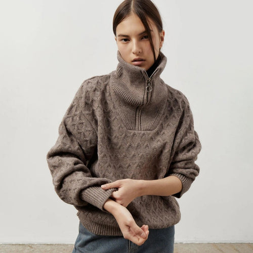 Damen Gemusterter Strickpullover mit hohem Kragen und Halbreißverschluss Drune