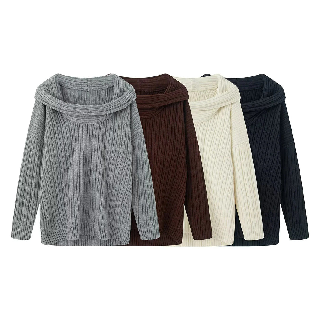 Damen nan Oversize-Rippstrick-Pullover mit weitem Rollkragen und überschnittener Schulter Drune