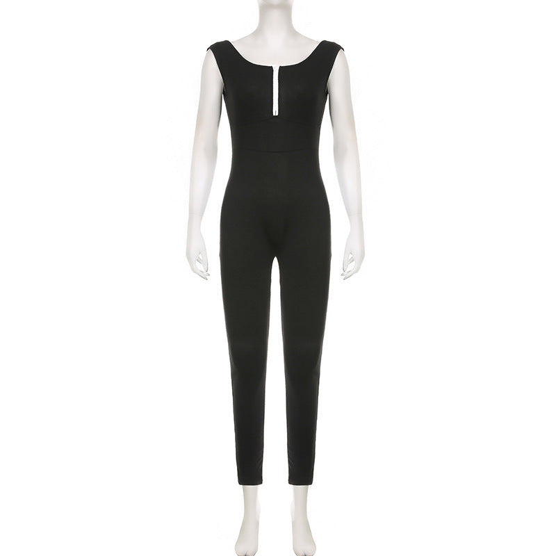 Damen figurbetonter Jumpsuit mit elegantem Reißverschluss und schmalem Bein Drune