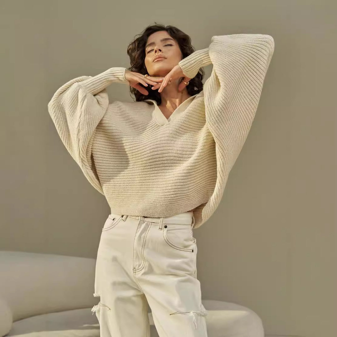 Damen lässiger Strickpullover mit oversized Kragen Drune