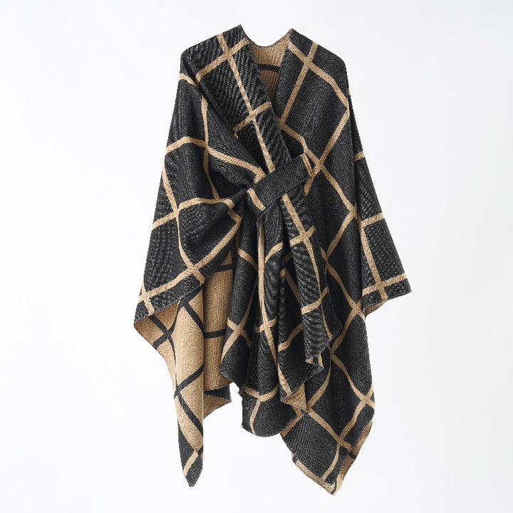 Damen Oversize Wollmix Poncho mit Gürtel und Karomuster Drune