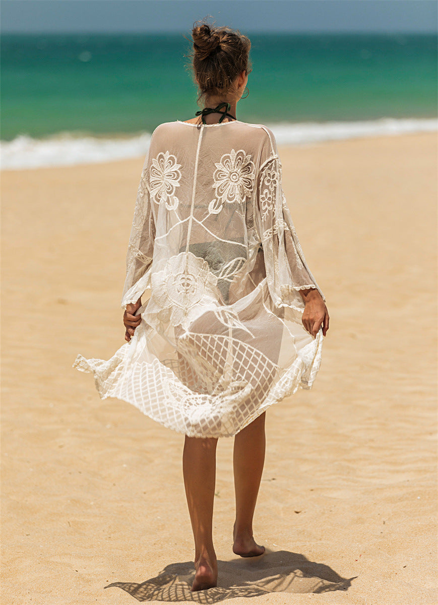 Damen elegante Häkel-Strandtunika mit floralen Details Drune