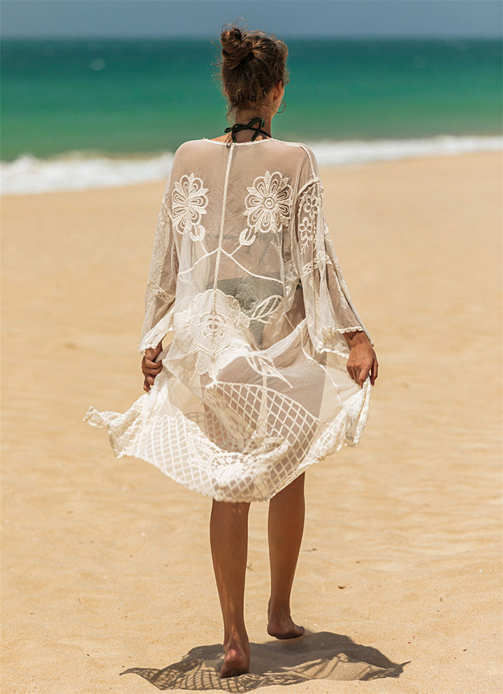 Damen elegante Häkel-Strandtunika mit floralen Details Drune