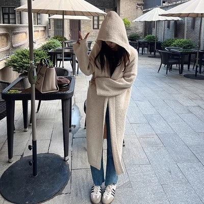 Damen Langer Teddy-Fleece-Mantel mit Kapuze, überschnittener Schulter und weich fallender A-Linie Drune