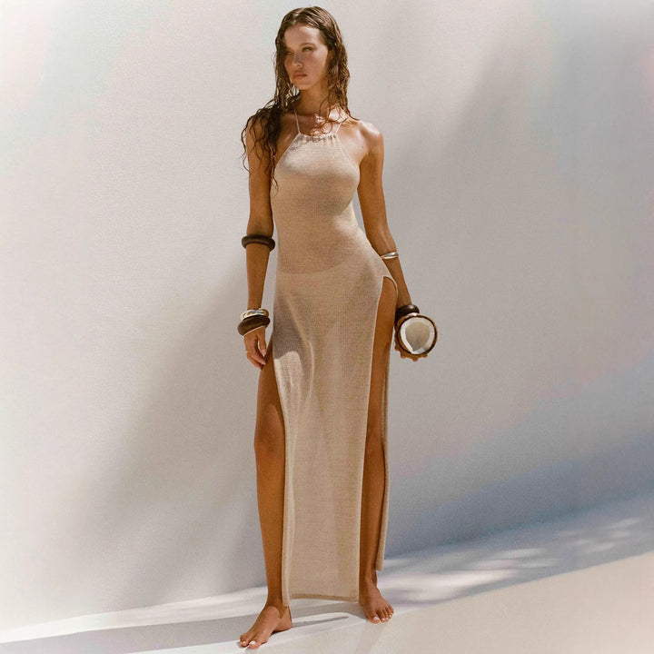 Damen elegantes Maxikleid mit hohen Seitenschlitzen Drune