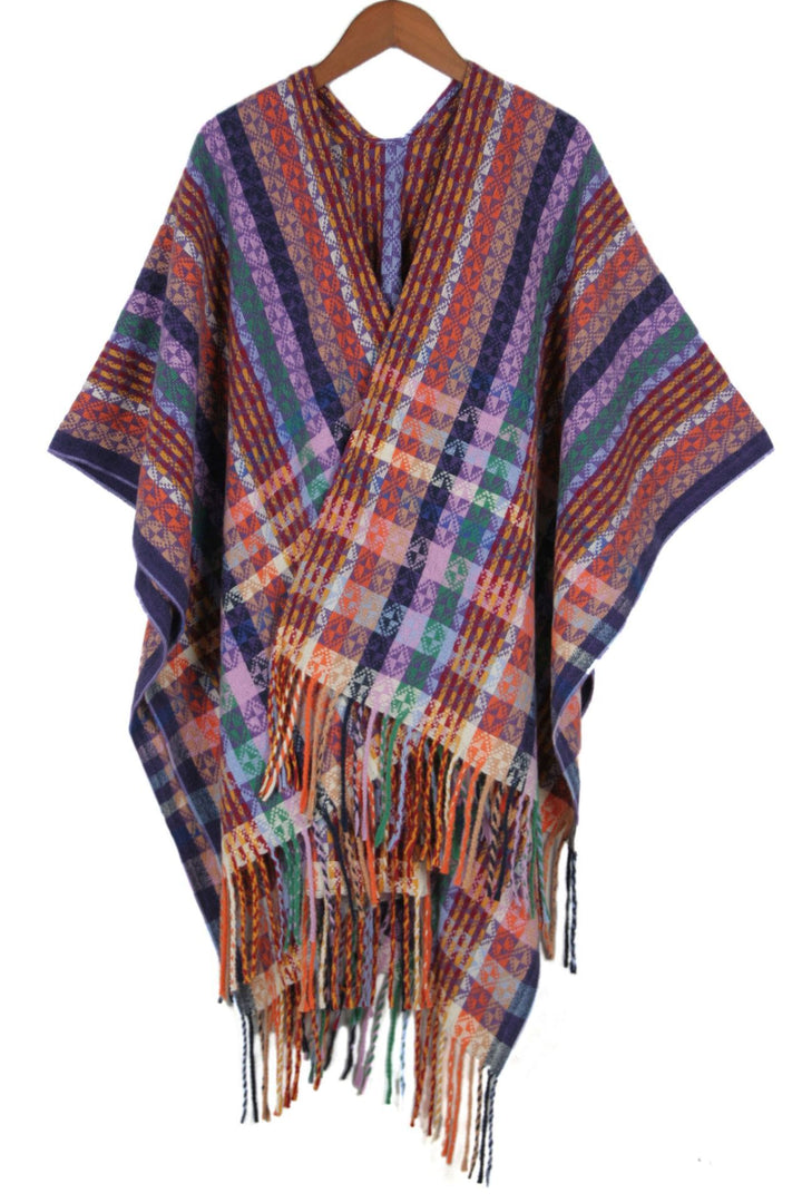 Damen Mehrfarbiger Web‑Poncho im Boho‑Patchwork‑Design mit Fransen Drune