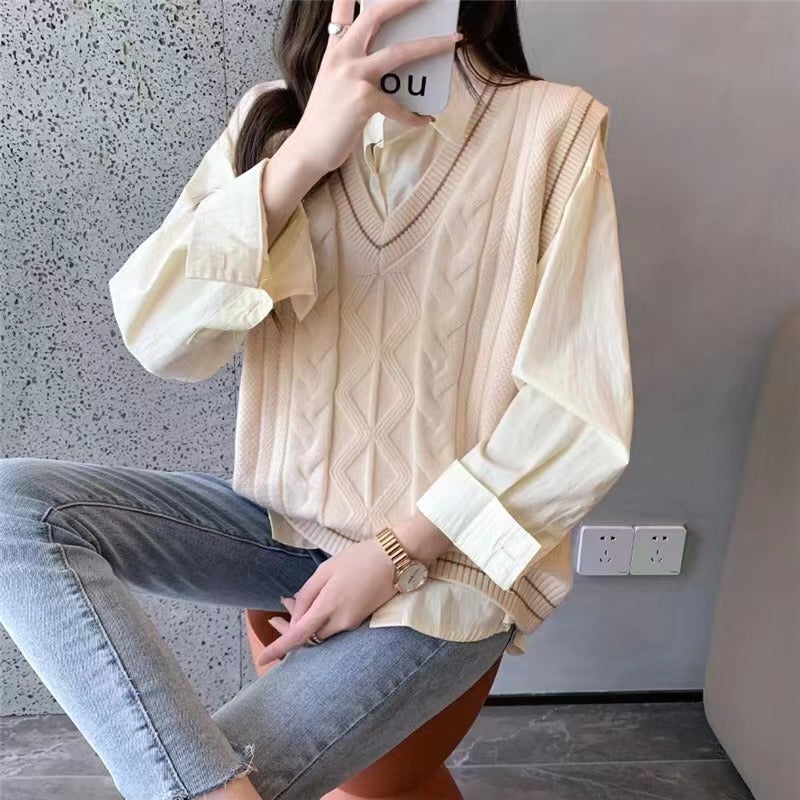 Damen Strickpullover mit V-Ausschnitt und geometrischem Zopfmuster Drune