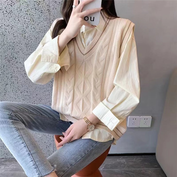 Damen Strickpullover mit V-Ausschnitt und geometrischem Zopfmuster Drune