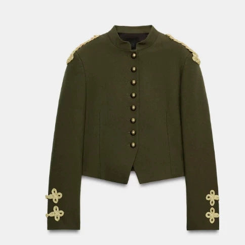 Damen Taillierter Cropped Militärblazer mit Stehkragen und goldverzierten Epauletten Drune