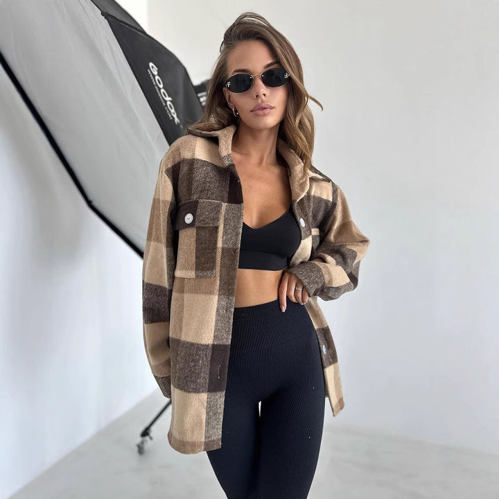 Damen Karierter Overshirt im Shacket-Stil mit Saumtaschen und Knopfverschluss Drune