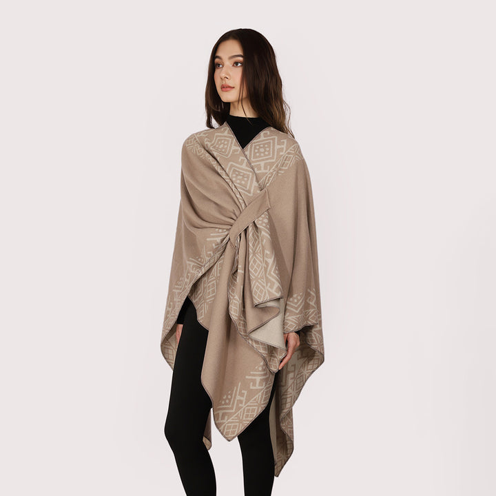 Damen Capeponcho mit Knotenverschluss, doppellagigem Jacquard und weichem Wollmix Drune