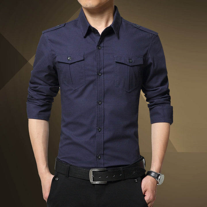 Herren Slim‑Fit Utility‑Hemd mit Schulterklappen und Pattentaschen Drune