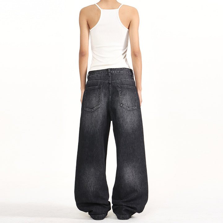 Damen Extraweite Nieten-Baggy-Jeans mit tiefem Bund und Used-Wash Drune