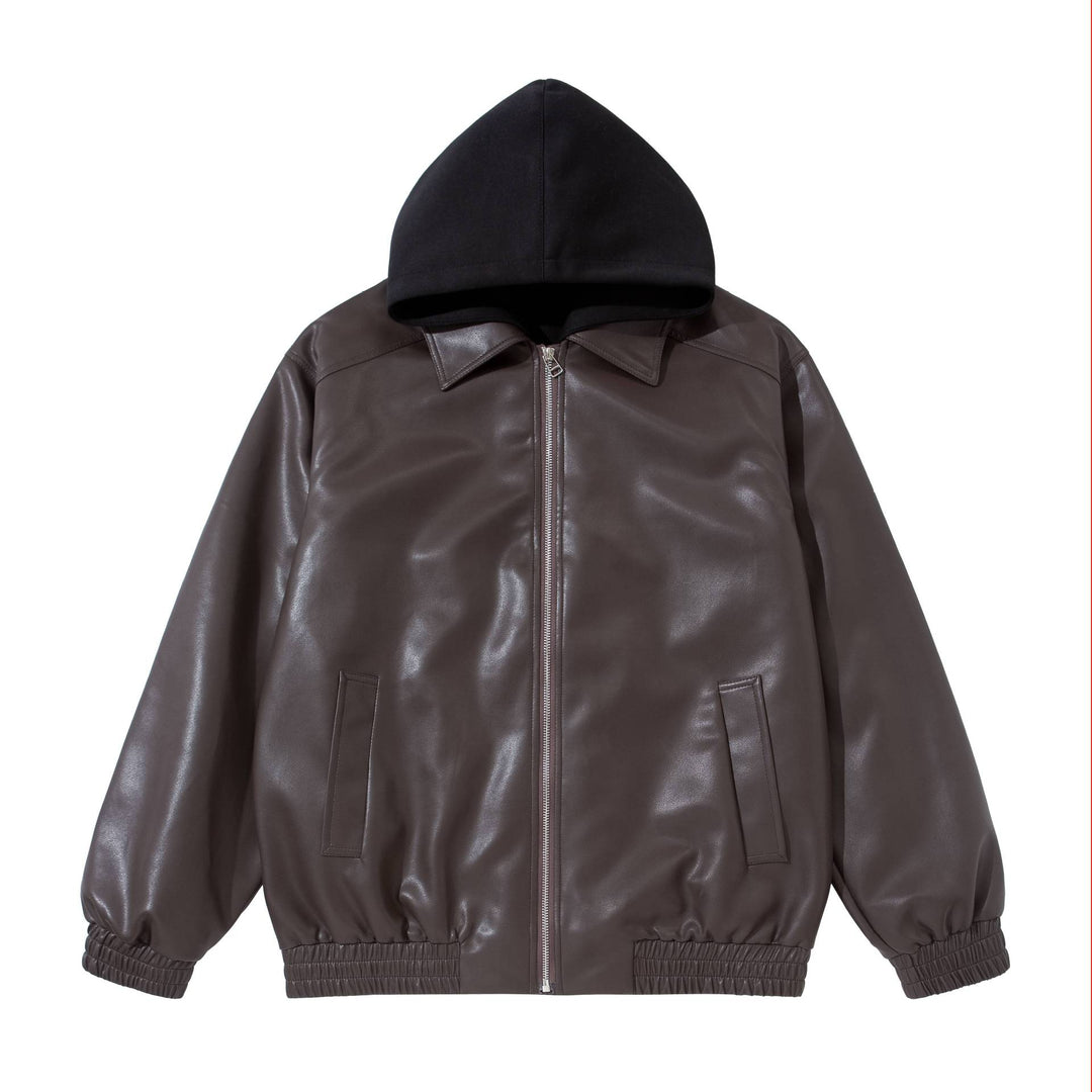Herren Boxy-Lederblouson mit angenähter Jersey-Kapuze und geripptem Saum Drune