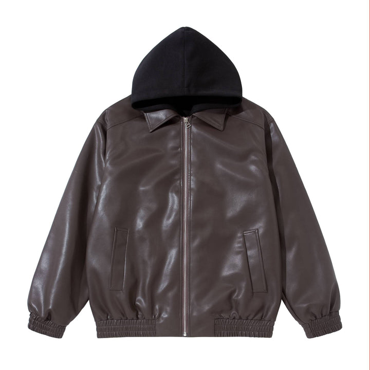 Herren Boxy-Lederblouson mit angenähter Jersey-Kapuze und geripptem Saum Drune