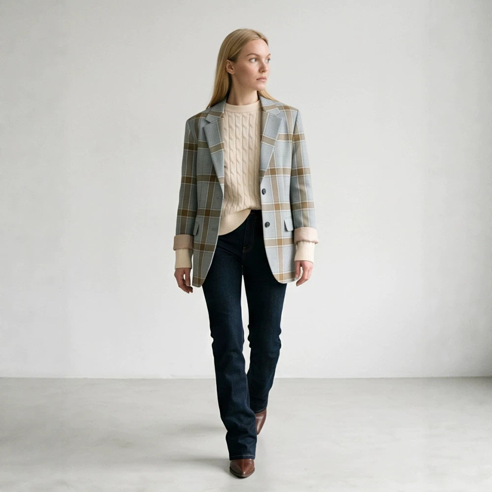 Damen Oversize-Karoblazer im Glencheck mit kastiger Silhouette und fallendem Revers Drune