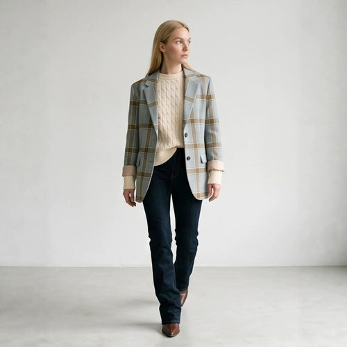 Damen Oversize-Karoblazer im Glencheck mit kastiger Silhouette und fallendem Revers Drune