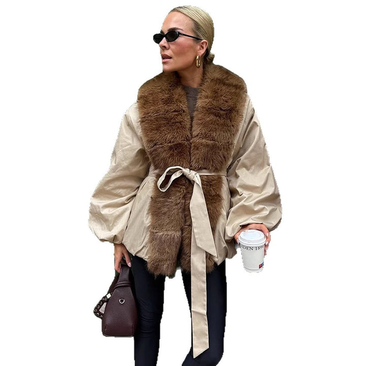 Damen modische Übergangsjacke mit voluminösen Ärmeln und luxuriösem Kunstpelzkragen Drune