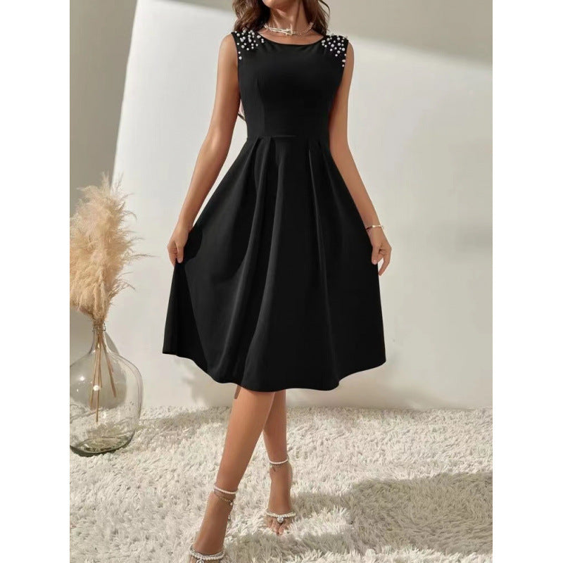 Damen Midi-Kleid mit dekorativen Perlenakzenten und schwingendem Rock Drune