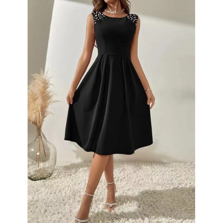 Damen Midi-Kleid mit dekorativen Perlenakzenten und schwingendem Rock Drune