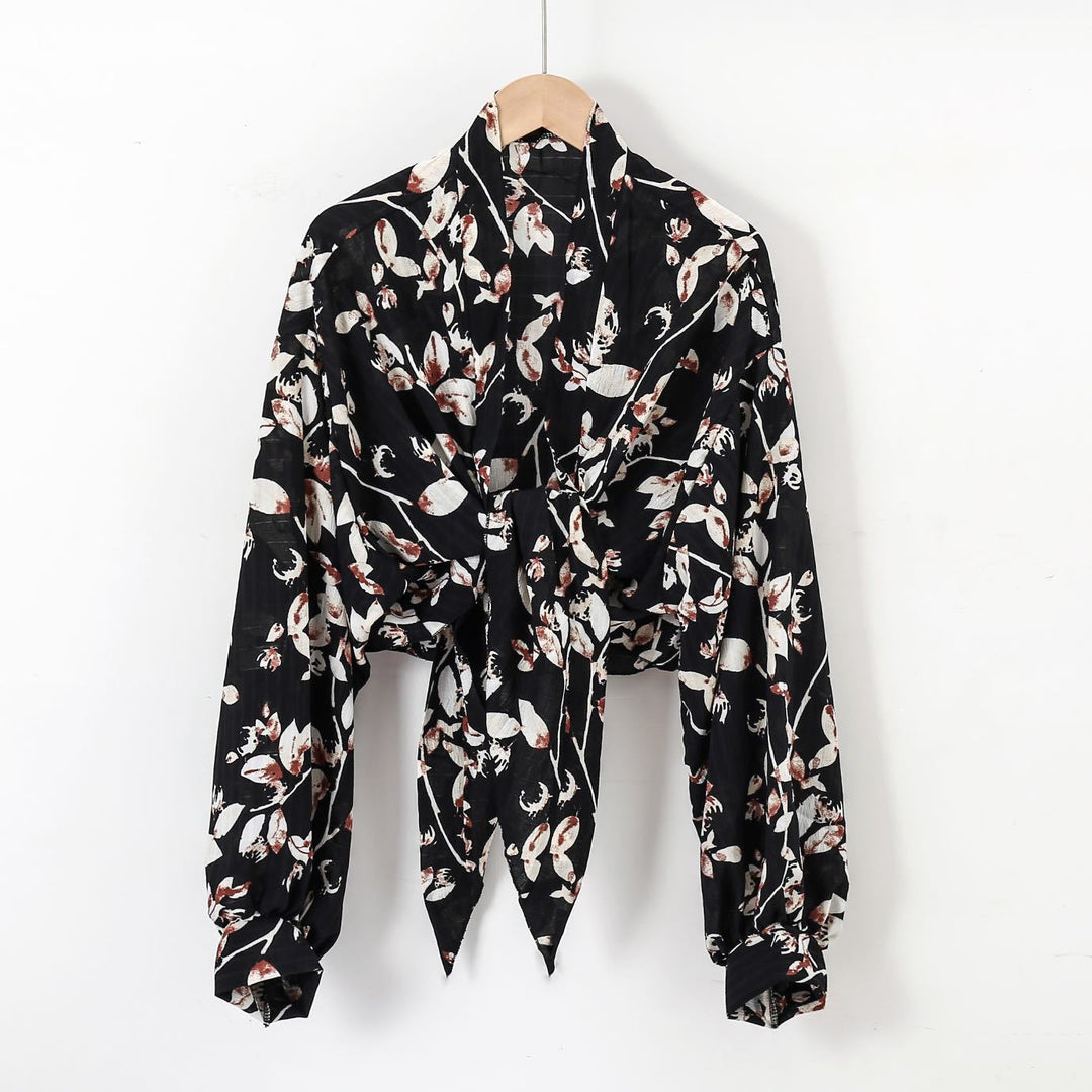 Damen nan florale Knoten-Bluse im Wickelstil mit Ballonärmeln und leichter Leinenoptik Drune