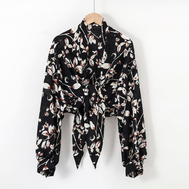 Damen nan florale Knoten-Bluse im Wickelstil mit Ballonärmeln und leichter Leinenoptik Drune